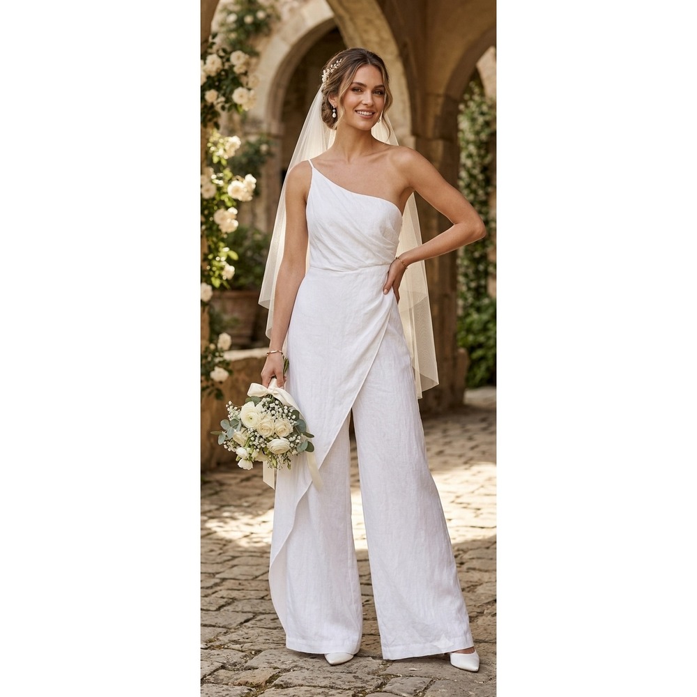 NWT White One Shoulder Overlap Wide Leg Jumpsuit Size M Bridal Wedding Rehearsal
